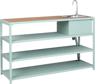 Beliani Isla De Cocina De Exterior Con Fregadero De Ca&ntilde;o Monomando Estantes Acero Encimera Madera Clara 159 X 50 X 91 Cm Verde Claro Avetrana