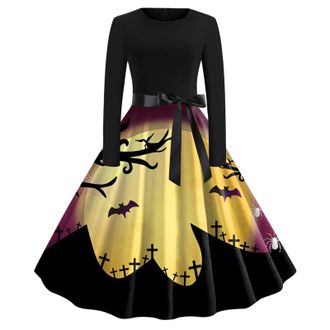 Generic Halloween Costumes Adult Retro Pumpkin Skeleton Print Long Sleeve A Line Swing Dress Sexy Gothic Dress Medieval Costume Ladies Evening Party Prom Cock