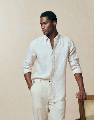 Polo Ralph Lauren Camicia a maniche lunghe in lino beige e bianco a righe con logo iconico