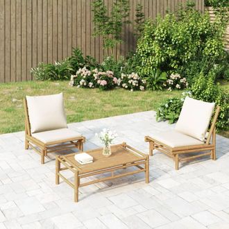 vidaXL Set De Muebles De Jard&iacute;n 3 Piezas Bamb&uacute; Y Cojines Blanco Crema Vidaxl