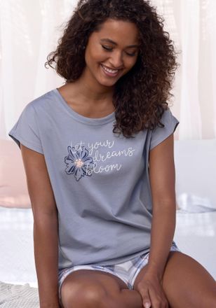 Vivance Pyjamaoberteil VIVANCE DREAMS, Damen, Gr. 40/42, blau (graublau), Single Jersey, Obermaterial: 100% Baumwolle, unifarben, bequem h&uuml;ftlang, Rundhals, a