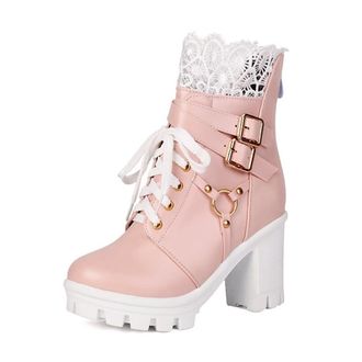 Generic Womens Lace Up Gothic Combat Ankle Boots Platform Round Toe Block Heels Pumps Shoes with Back Zipper and Buckle Strap (Pink,5.5)