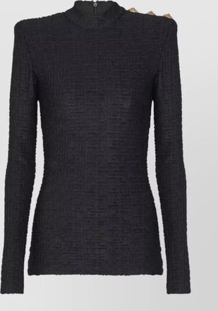 Balmain monogram knit top high neck buttons