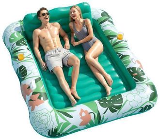 OEM Ecofurnix Colch&oacute;n Inflable Para Piscina De 2 Plazas, 220 X 160 Cm, Tumbona Para Piscina Con Cabezal Desmontable Y Portavasos, Verde