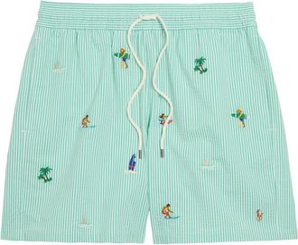 Polo Ralph Lauren Striped Embroidered Seersucker Swim Shorts - Green - XL