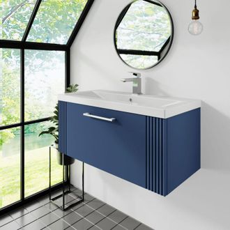 Nuie Nuie - Deco Satin Blue 800mm Wall Hung Single Drawer Vanity Unit and Mid Edge Ceramic Basin - DPF396A