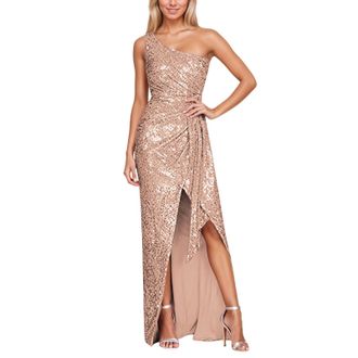 Generic Womens Off Shoulder Sequin Party Dress Sleeveless Slit Backless Evening Gown with Sparkling Embellishments for and Night Out Events Rose Gold