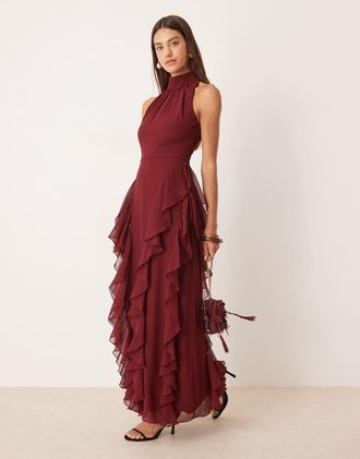 Lace & Beads Vestito lungo aperto dietro bordeaux con volant-Rosso