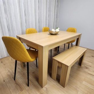 Kosy Koala Kosy Koala - Wooden Dining Table Set for 6 Oak Effect Table With 4 Mustard Gem Patterned Chairs and 1 Bench