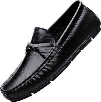 Generic Mens British Style Leather Loafers Breathable Soft Sole Slip-On Casual Driving Shoes Moccasins(Black,7.5)