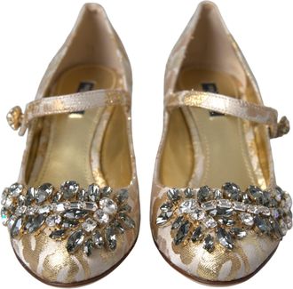 Dolce & Gabbana Gold Jacquard Crystal Mary Janes Pumps Womens Shoes