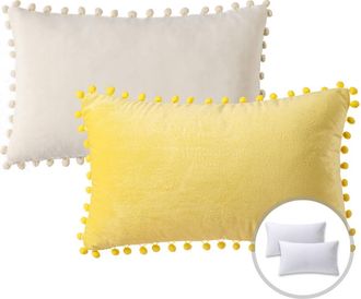 OEM Juego De Almohadas Decorativas Navide&ntilde;as Phantoscope, Funda De Almohada De Terciopelo Con Pompones Y Relleno, 30 X 50 Cm, Amarillo Y Blanco Roto, Paqu