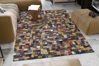 Oci Die Teppichmarke Lederteppich »Labelstar« rechteckig 3 mm Höhe echtes Leder, UNIKAT, handgenäht, Patchwork Design aus Jeanslabel