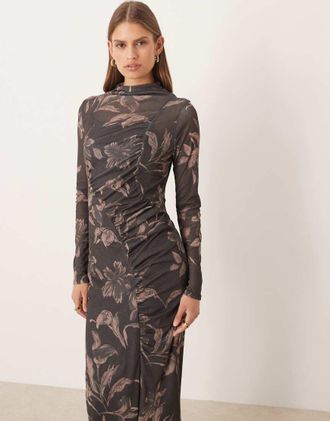 Asos Vestito midi a maniche lunghe drappeggiato con arricciature sul davanti e stampa di colore scuro-Multicolore