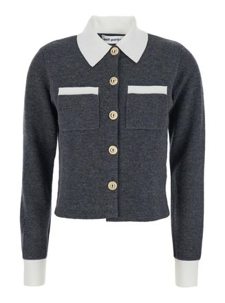 Self Portrait Grey Cropped Cardigan With Contrasting Classic Collar And Two Front Patch Pockets In Wool Blend Woman