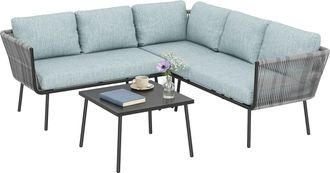 OUTSUNNY Conjunto Muebles De Rat&aacute;n 4 Piezas Set De Muebles De Jard&iacute;n 2 Sof&aacute; De 2 Plazas Sof&aacute; De Esquina Mesa De Centro Con 6 Cojines Acolchados Azul