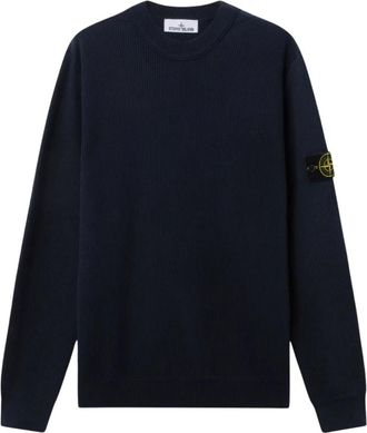 Stone Island Truien & Vesten, Heren, Blauw, XL, Katoen, Geribbelde Zachte Katoenen Ronde Hals