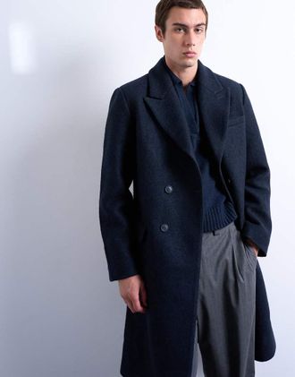 Topman Cappotto testurizzato doppiopetto in misto lana blu navy