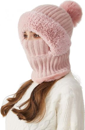 Feoya Knitted Thermal Balaclava Multifunctional Winter Fleece Hat with Neck and Face Cover Windproof Warm Beanie Cap with Hairball Pink