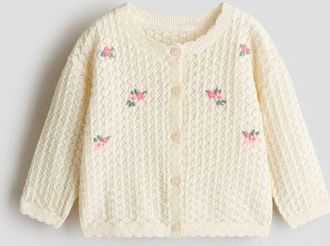 H&M Pointelle-knit Cardigan in Light Beige/flowers at Nordstrom, Size 12M