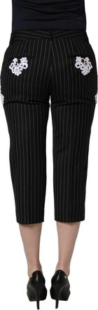 Dolce & Gabbana Womens Black Lace Applique Pinstripe Cropped Pants Wool Polyester