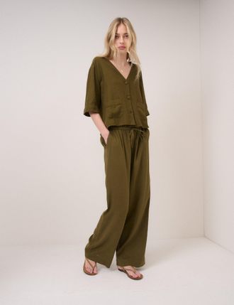 Nobody's Child Khaki Green Linen-Blend Straight Leg Trousers
