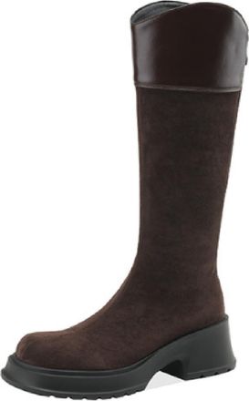 Generic Womens Retro Knee-High Suede PU Boots Round Toe Thick Platform Block Heels Side Zipper Stretch Fit Slip On Soft Lining Cushioned Insole Comfortable We