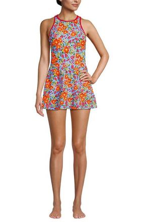 Lands End Chlorine Resistant Tugless High Neck Swim Dress One Piece Swimsuit in Blue Springside Floral at Nordstrom, Size 10P