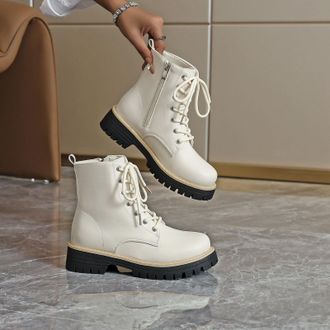 Generic White Ladies Relaxed Ankle Footwear with Front Lace Up and Side Zipper Ideal for Winter Activities Low Heel Construction Round Toe Casual Occasions