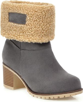 Generic Womens Mid Block Heel Short Boots Pull on Fold-Over Winter Boots Round Toe Faux Suede Platform Boot,Grey,3.5 UK