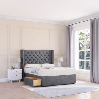 Sloomy Dior Coniston Wingback Bed Set, 2 Drawers & 54 Floor Standing Headboard in Dark Grey | Size: Small Double