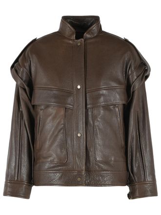 Salvatore Santoro Rich Brown Leather Bomber Jacket with Raised Collar and Unique Detailing