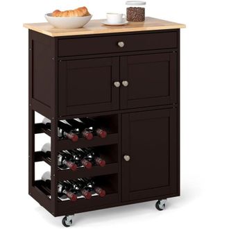 Costway Carrello da Cucina, con Portabottiglie Tre Ante e Ruote, Credenza Cucina in Legno di Pino e MDF, Ideale per Soggiorno e Cucina, 67 x 37 x 86
