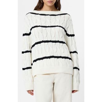 French Connection Mozart Stripe Cable Stitch Cotton Boat Neck Sweater in 10-Porcelain Cream-Blac at Nordstrom, Size X-Small