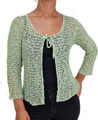 Mimosa Ladies Popcorn Style Crochet Plain Stretch Fish Net Tie at Waist Bolero Shrug Open Cardigan (One Size, Sage Green Cardigan)