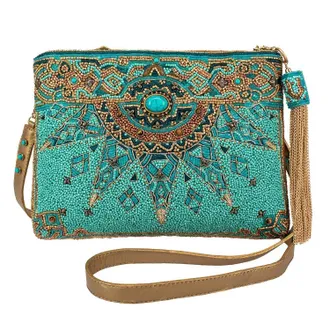 Mary Frances Womens New Day Beaded Mosaic Crossbody Leather Handbag In Turquoise