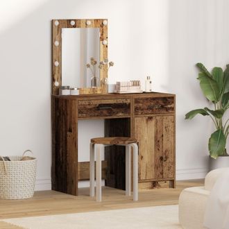 Berkfield Home 2-Piece Dressing Table Set with LED in Old Wood Finish in Brown