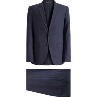 BOSS Huge Slim Fit Dark Blue Check Suit at Nordstrom, Size 44 Regular