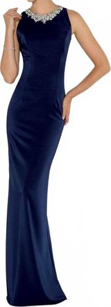 Cameron Blake Long Evening Gown With Keyhole Back In Navy