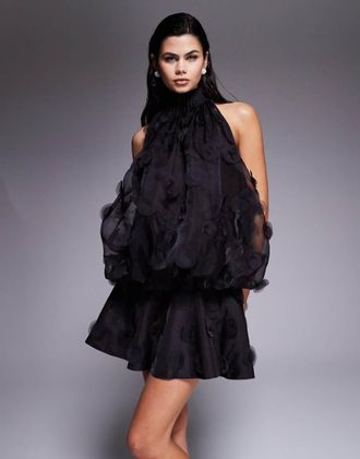 Asos Vestito corto accollato marrone in organza allacciato al collo-Nero
