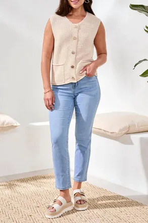 Tribal Sweater Vest With Decorative Buttons In Coco Cream