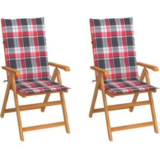 vidaXL Sillas De Jard&iacute;n 2 Uds Con Cojines Cuadros Rojos Madera De Teca Vidaxl