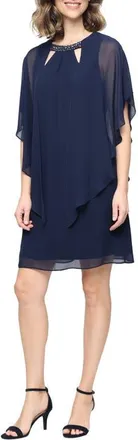 S.L. Fashions Embellished Crewneck Cape Dress in Navy at Nordstrom, Size 18