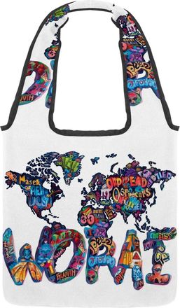 Generic World Map Peace Reversible Canvas Shoulder Tote - Double-Sided Print, 12oz Cotton, 27cm Drop, Fold-Flat Bag for Travel, Shopping, Street Outings