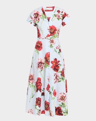 Oscar De La Renta Short-Sleeve Peony-Printed Tea-Length Dress