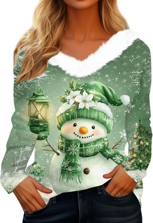 Generic Christmas Jumpers for Women UK Fluffy V Neck Long Sleeve Sweatshirt Christmas Tree Print Pullover Tops Comfortable Warm Jumper Elegant Lightweight Plu