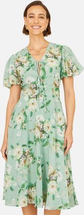 Yumi Floral Front Tie Detail Tea Dress in Mint Green at Nordstrom, Size 10
