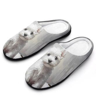 Generic White Terrier Puppy Sitting on The Bathroom Mens Slippers Slip On Comfortable Fleece Cotton House Shoes Winter
