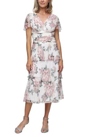 S.L. Fashions Floral Print Tiered Bodre Midi Dress in Ivory Mult at Nordstrom, Size 10