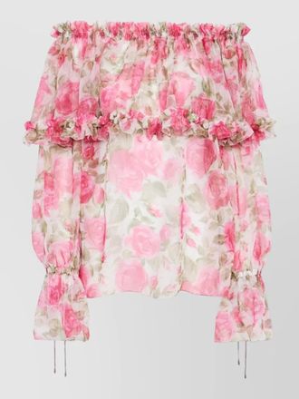 Chlo&eacute; silk floral-print off-shoulder long-sleeve blouse